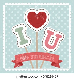 Happy Valentine's Day I LOVE YOU Hand Drawn Lettering  greeting card template. Vintage poster with polka dots seamless pattern background in blue colors and white frame