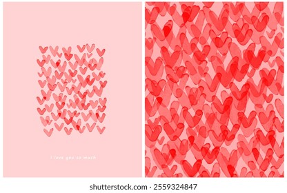 Happy Valentine's Day. I Love You So Much. Lovely Vector Card with Tiny Watercolor Hearts. Layout Made of Red Falling Hearts. Valentine's Day Illustration with Red Background Made of Hearts Rain. RGB.