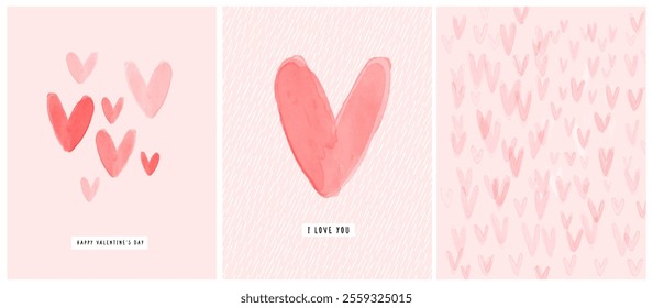 Happy Valentine's Day. I Love You. Lovely Vector Card with Tiny Watercolor Hearts. Layout Made of Pink Falling Hearts. Valentine's Day Illustration with Pink Background Made of Hearts Rain. RGB.