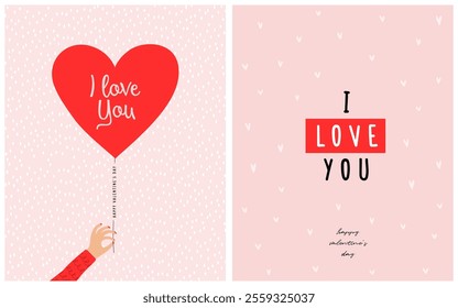 Happy Valentine's Day. I Love You. Vector illustration of Hand Holding Big Red Balloon of Heart Shape. Hand Drawn Valentine's Day Cards. Red Heart Shaped Balloon on a Pastel Pink Background. RGB.