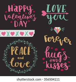 Happy valentines day. Love you. Peace and love. Forever. Hugs and kisses. Vector photo overlays of valentines day, hand drawn lettering collection. 