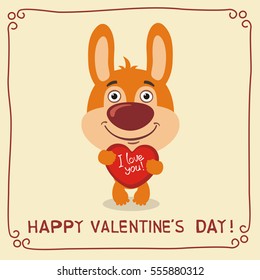 Happy Valentine's Day! I Love You! Funny bunny rabbit with heart in hands. Card in cartoon style.