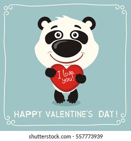 Happy Valentine's Day! I Love You! Funny panda bear with heart in hands. 