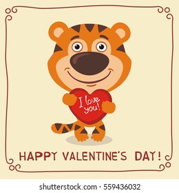 Happy Valentine's Day! I Love You! Funny tiger with heart in hands. 