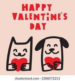 Feliz Día de San Valentín. Bonito gato y perro. Concepto romántico. Celebración del 14 de febrero. Ilustración vectorial dibujada a mano sobre fondo rosa. Mejor para sitios web, banners o impresión. 