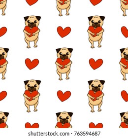 Happy Valentine's Day. Lovely pug and heart. Cute seamless pattern with puppy. Vector background with dogs.