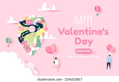 Happy valentine's day and lover pink background. cloud, paper heart,  paper cut style. vector art and illustration.