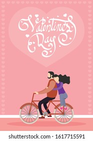 happy valentines day with lovers couple in bicycle vector illustration design