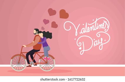 happy valentines day with lovers couple in bicycle vector illustration design