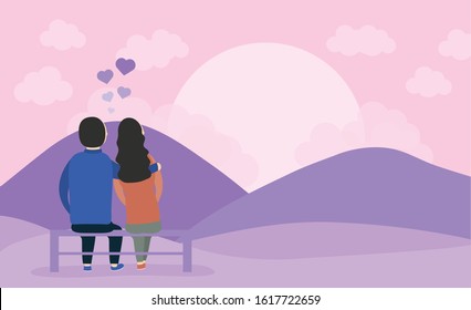 happy valentines day with lovers couple in the park chair vector illustration
