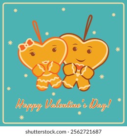 Happy Valentine's Day! Valentine's Day, lovers, couple in love, retro gingerbread postcard, hearts