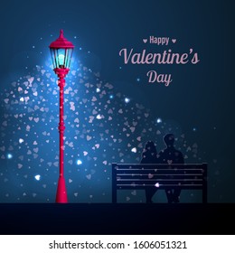Happy Valentine's Day. Lovers at night on a bench under a lantern with hearts. Vector illustration.