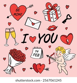 Happy valentines day, lovers, vector, angel, hearts, gifts, love, February 14, valentines day stickers, vector illustration set