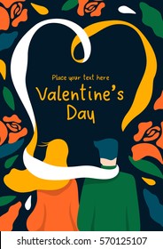 Happy valentine's day. Lovers wear scarf together surrounding by flowers and leaves. Flat vector background. Modern design stylish illustration for card, poster,  invitation, template.