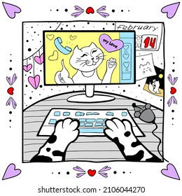 Happy valentines day. Loving cats. Love at a distance. Holiday card, banner, sticker. Cartoon style. Vector illustration isolated on white background.
