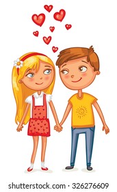 Happy Valentine's Day. Loving couple holding hands. Funny cartoon character. Vector illustration. Isolated on white background