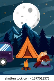 Happy Valentine's Day! A loving, happy, resting couple sits by the fire with a guitar against a background of mountains. The 14th of February. Night camping. Travel. Hug Day.