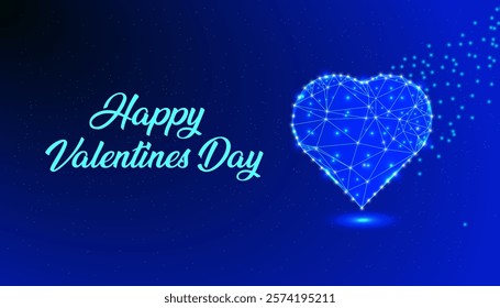 Happy Valentine's Day Low Poly Heart Background with Glowing Blue Design