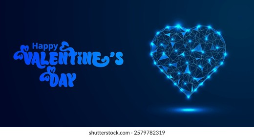 Happy Valentine's Day Low Poly Heart Background with Glowing Blue Design