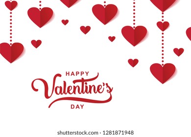 Happy Valentine's day luxury elegant design with heart decoration and typography lettering on white background paper cut art craft style