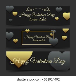 Happy Valentines Day luxury gold and black horizontal banners with hearts. Shiny love background, wedding header or card design. Vector, illustration, eps10