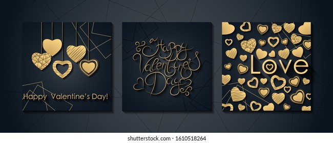 Happy Valentine's day luxury greeting cards set. Graphic golden hearts and hand written inscription Happy Valentine's Day on dark background. Vector illustration.