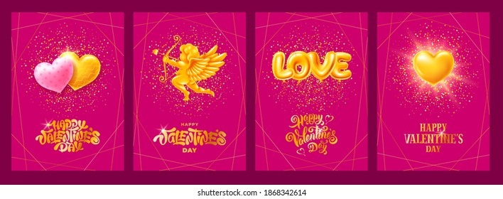 Happy Valentines Day luxury greeting cards set with cupid, foil balloon letters Love, heart and hearts couple. Golden glittering dust and unusual lettering on pink background for festive mood. Vector.