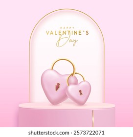 Happy Valentine`s day luxury showcase background with 3d podium and couple of love hearts like locks. Vector illustration