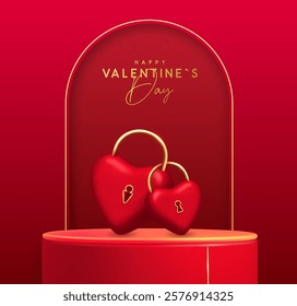 Happy Valentine`s day luxury showcase background with 3d podium and couple of love hearts like locks. Vector illustration