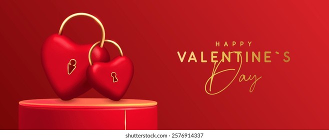 Happy Valentine`s day luxury showcase background with 3d podium and couple of love hearts like locks. Vector illustration
