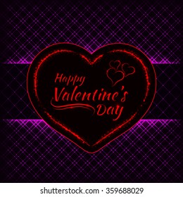 Happy Valentines day magenta lights card, heart and text lights design on dark background