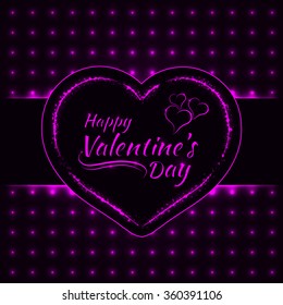 Happy Valentines day magenta lights card, heart and text lights design on dark background