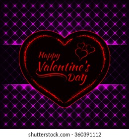 Happy Valentines day magenta lights card, heart and text lights design on dark background
