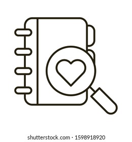 happy valentines day magnifying glass with heart and diary vector illustration design