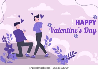 Happy valentine's day. Man at one knee give rings to woman. Love, romance and passion. Boyfriend and girlfriend at romantic meeting. Cartoon flat vector illustration background