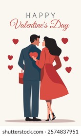 Happy Valentine's Day. Man in suit and woman in dress walking and hugging symbolizing love, romance and care. Lovers. Illustration for love sites, invitations, dating apps, posters, banners