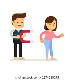 Happy valentine's day. Man trying woman following him in love with magnet and woman resist