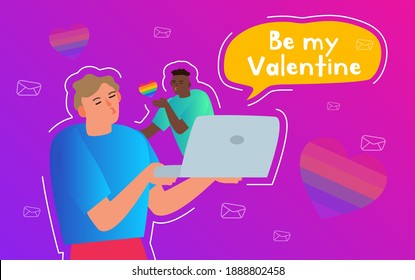 happy valentines day man using laptop video call lgbt gay couple  vector illustration