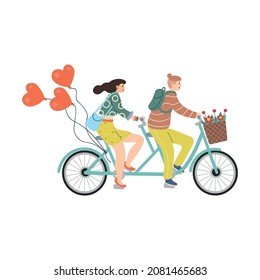 Happy Valentine's Day. Man and woman riding a tandem bike. Cute vector illustration in flat cartoon style.