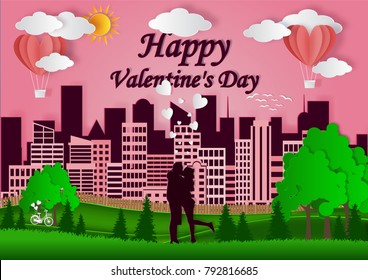 Happy Valentine's Day, man and woman stand together to express love. Green grass, behind is the big city. Vector illustration of pink paper