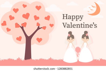 Happy Valentines Day and Happy Marry, Lesbian Couple, on abstract background lat design style vector graphic illustration
