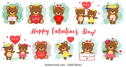 Happy Valentines Day. Mega set of twelve characters cute brown bear in various poses and accessories in cartoon style. With a red heart, balloon, letter. Flat design vector.