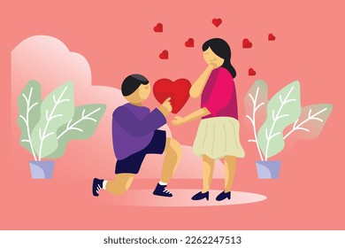 A happy Valentines Day. Men Make Proposals for Women by offering hearts and kneeling and loving. Human Relationships, Happiness Surprise Love Cartoon Flat Vector Illustrations
