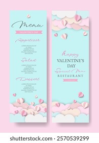 Happy Valentine's Day Menu. Cute Template with 3D Papercut Hearts and Clouds. Trendy Design Suitable for Invitation, Mother's and Women's Day, Birthday, March 8. Trendy Concept for Restaurant Menu.