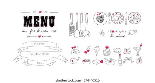 Happy Valentine's day. Menu for lovers. Foods with hearts. Doodle decor elements. Hand drawn. Isolated images.