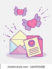 feliz día de San Valentín, mensaje sobre carta corazones con alas ilustración vectorial