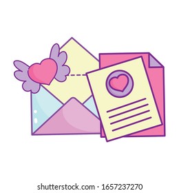 feliz día de San Valentín, mensaje sobre carta corazones con alas ilustración vectorial