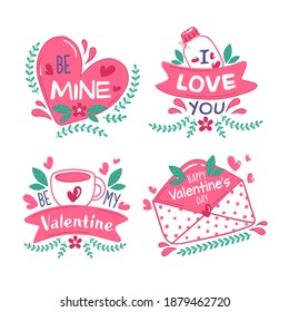 Happy Valentine's Day Message like as Be My Valentine, Be Mine, I Love You Font with Hearts, Coffee Cup, Jar and Envelope on White Background.