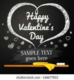 Happy Valentines Day message on the classic black chalkboard in shape of heart, with small hearts near the big. With place for your text. Vector 