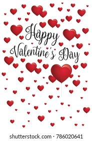 Happy Valentine's Day message with red heart-shaped balloons floating on white background. Vector image